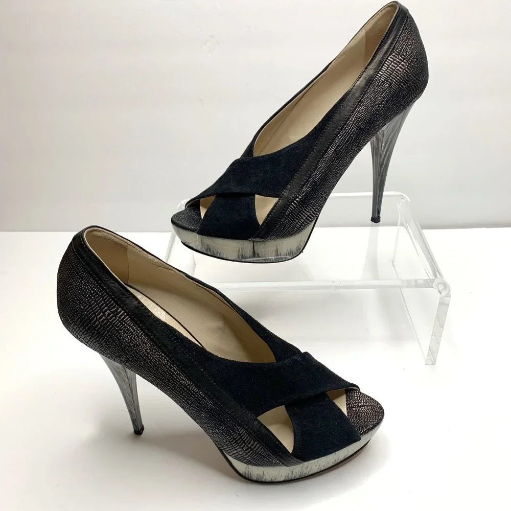 ANGELEIGH ANASTASIO Black Leather Peep Toe Platform Stiletto Sz 8
